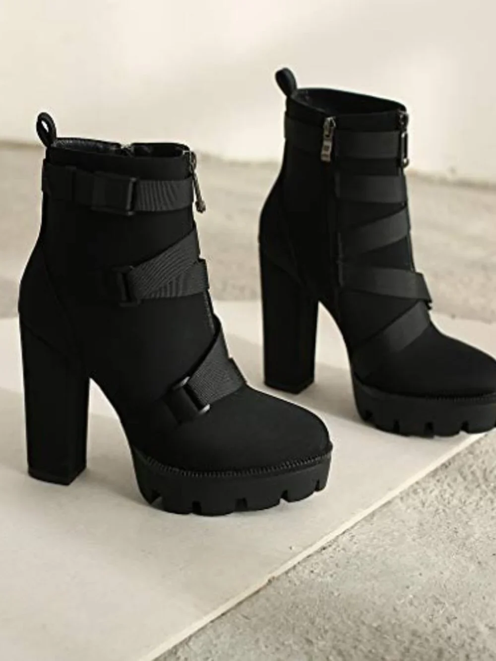Fashion Platform Block High Heel Booties Buckle Strap Zipper Ankle Boots